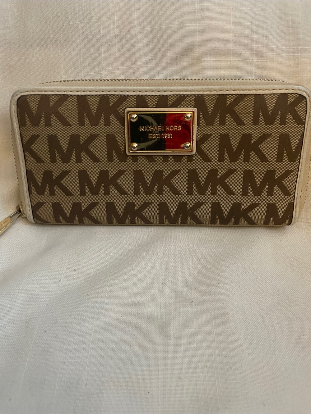 Michael Kors Tan and Beige MK Logo Zip-Around Wallet Scratches on Logo
